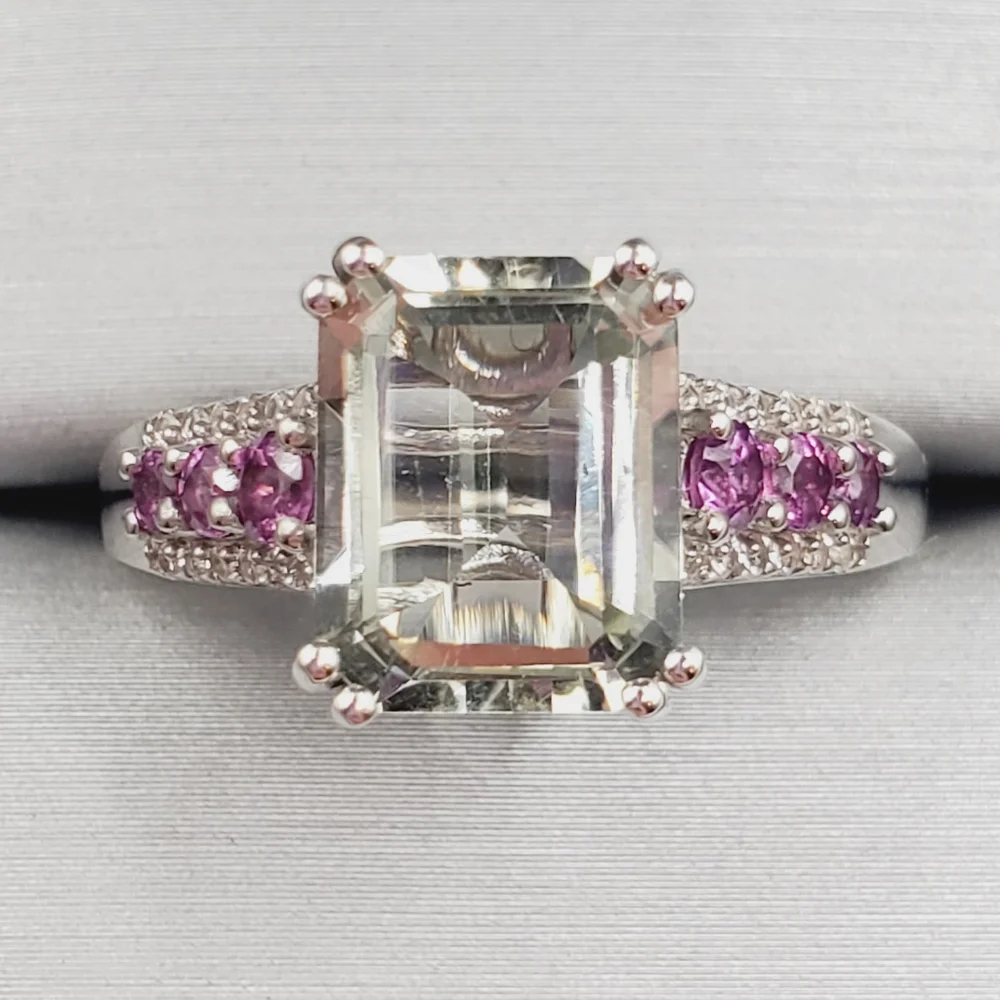 Emerald Cut Montezuma Prasiolite & Pink Tourmaline 925 Sterling Silver Ring